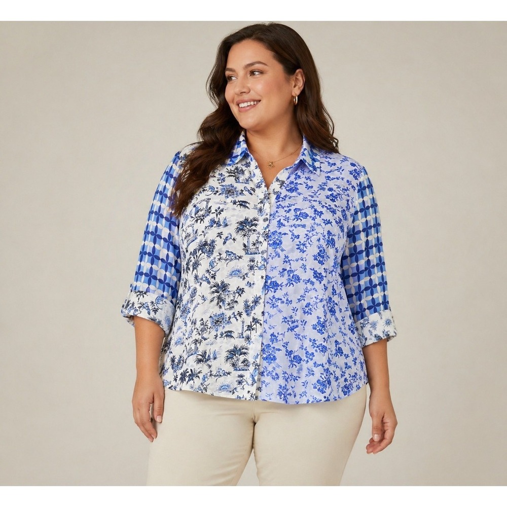 Rose+Olive Womens 1X Button Up Blouse Blue Floral Patchwork Top Preppy Trendy